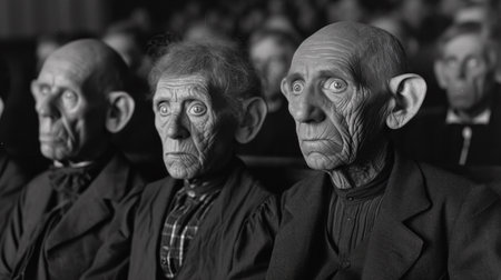 A group of old men sitting in a row with their eyes open, AIの素材