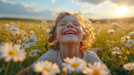 A child smiling in a field of flowers with daisies, AIの素材