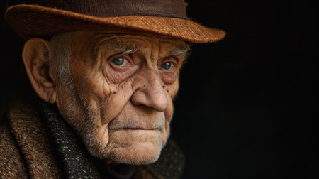 An old man with a hat on staring at the camera, AIの素材
