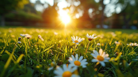 A field of daisies with the sun shining through them, AIの素材