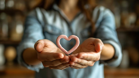 A woman holding a heart shaped object floating in her hands, AIの素材