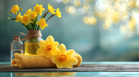 A vase of yellow flowers and towels on a table, AIの素材