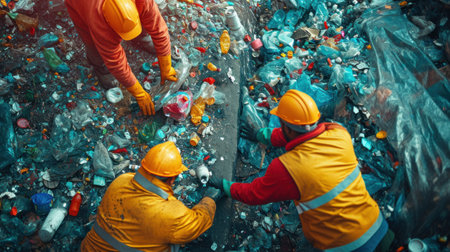 Three men in hard hats are working on a pile of trash, AIの素材