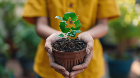 A person holding a plant in their hands with the recycling symbol on it, AIの素材