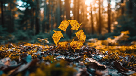 A yellow recycling symbol in the middle of a forest, AI