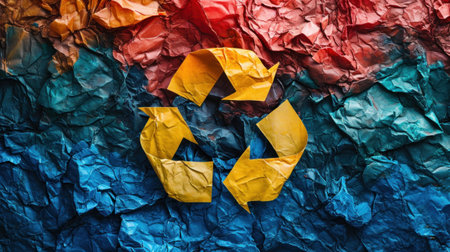 A colorful crumpled paper with a recycle symbol on it, AIの素材