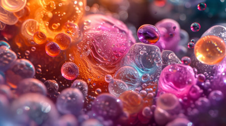 A close up of a colorful liquid with bubbles and drops, AIの素材