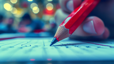 A person holding a red pencil over some paper with lines, AIの素材