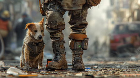 A dog and man standing next to each other in a city, AIの素材