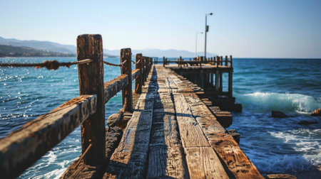 A wooden pier with a rope attached to it in the ocean, AIの素材