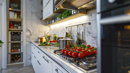 A kitchen with a stove top and counter full of tomatoes, AIの素材