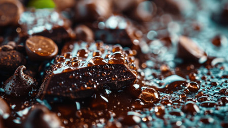 A close up of chocolate covered in water and some other stuff, AIの素材