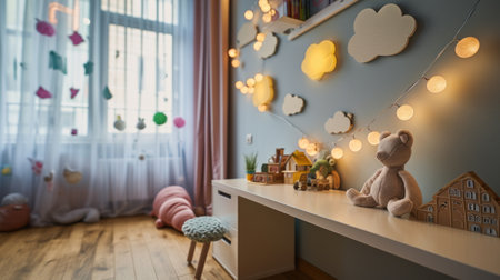 A teddy bear sitting on a desk with lights and clouds hanging from the ceiling, AIの素材