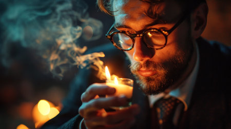 A man with glasses and a beard holding lit candle, AIの素材