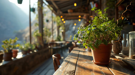 A wooden table with potted plants on it and a view of mountains, AIの素材