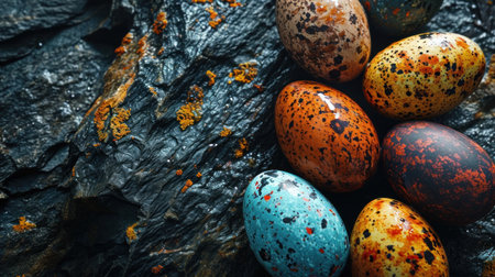 A group of colorful eggs are sitting on a rock, AIの素材