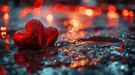 Two red hearts are sitting on a wet surface with water droplets, AIの素材