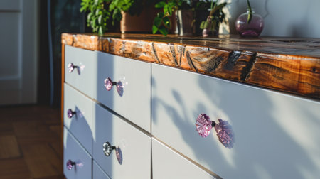 A white dresser with a wooden top and some plants, AIの素材