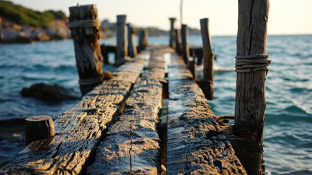 A wooden pier with ropes attached to it in the ocean, AIの素材