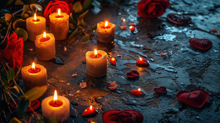 A bunch of candles are lit and there is a heart on the ground, AIの素材
