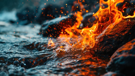 A close up of a fire and water on rocks, AIの素材