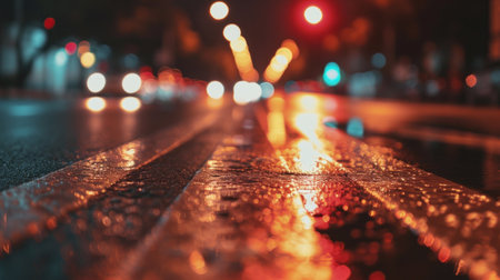 A wet road with street lights in the background at night, AIの素材