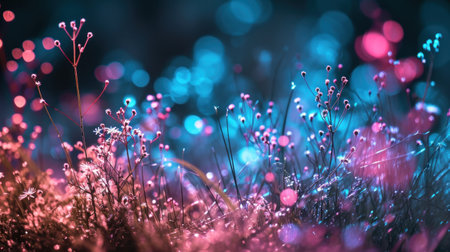 A close up of a field with pink and blue lights, AIの素材