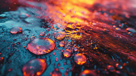 A close up of water droplets on a surface with some orange and blue colors, AIの素材