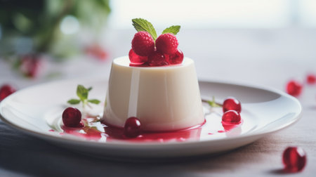 A dessert with raspberries and mint on a white plate, AIの素材