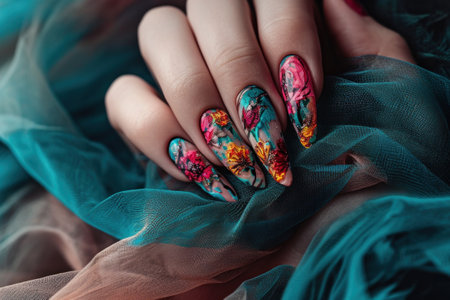 A womans hands with colorful nail art on them, AIの素材