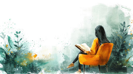 A woman sitting in a chair reading book with green plants behind her, AIの素材