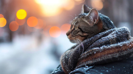 A cat wearing a scarf and looking out the window, AIの素材