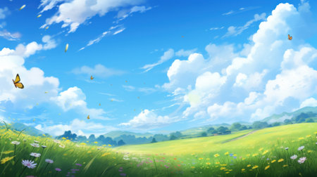 A painting of a field with flowers and butterflies in the sky, AIの素材