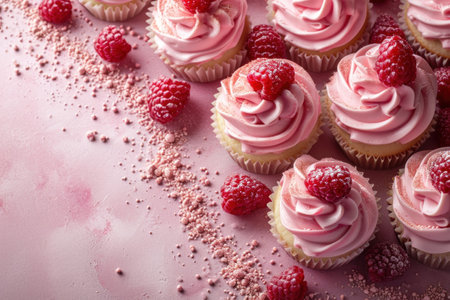 A close up of a pink table with cupcakes and raspberries, AIの素材