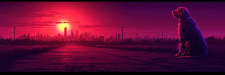 A dog sitting on a road in front of the city at sunset, AIの素材