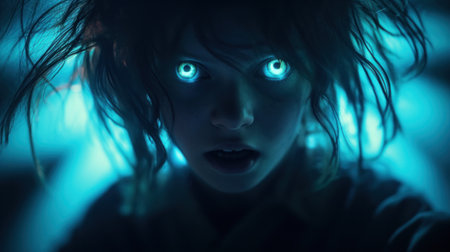 A close up of a woman with glowing eyes in the dark, AIの素材
