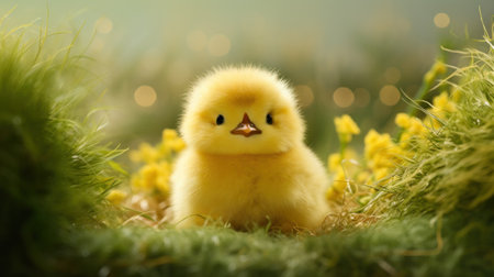 A small yellow chick sitting in a field of grass, AIの素材