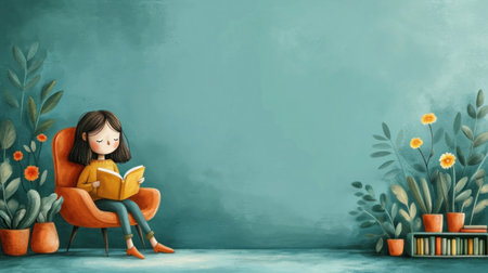 A girl is sitting in an orange chair reading a book, AIの素材