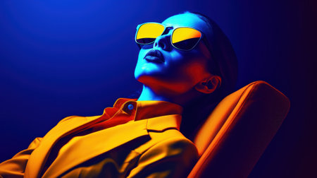 A woman in a yellow jacket and sunglasses with her mouth open, AIの素材
