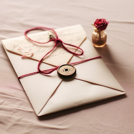 A small envelope with a red ribbon and a rose, AIの素材