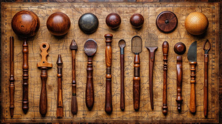 A collection of a variety of wooden tools are laid out on the map, AIの素材