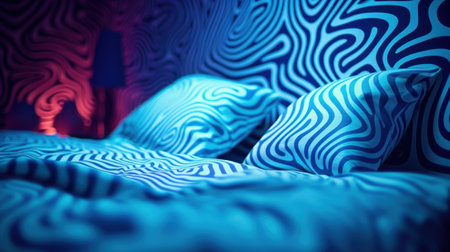 A bed with blue and white striped sheets, pillows and a lamp, AIの素材