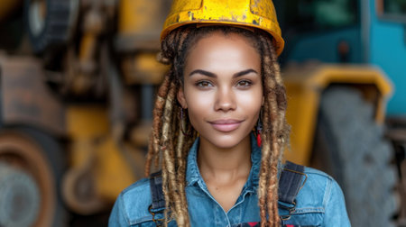 A woman with dreadlocks wearing a yellow hard hat, AIの素材