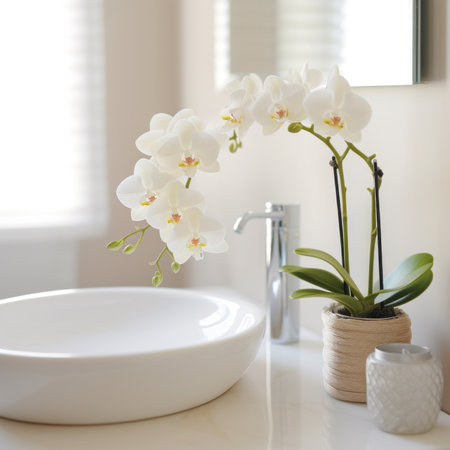 A white orchid plant sitting on a sink next to the mirror, AIの素材