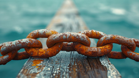 A rusty chain is attached to a wooden plank in the ocean, AIの素材