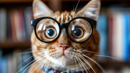 A close up of a cat wearing glasses and looking at the camera, AIの素材