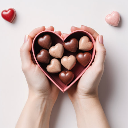 A person holding a heart shaped box with small chocolates, AIの素材
