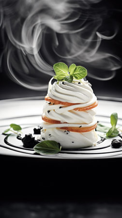 A white dessert with a green leaf on top of it, AIの素材