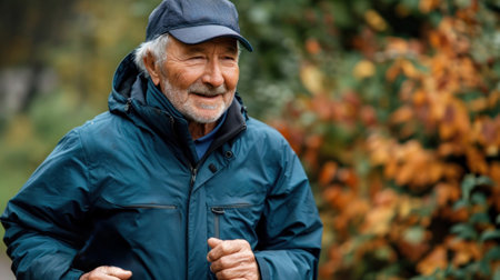 An older man wearing a blue jacket and hat and running outside, AIの素材