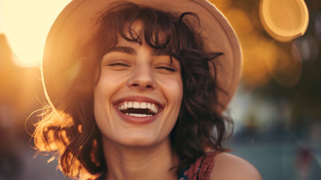 A woman with a hat on laughing and smiling, AIの素材